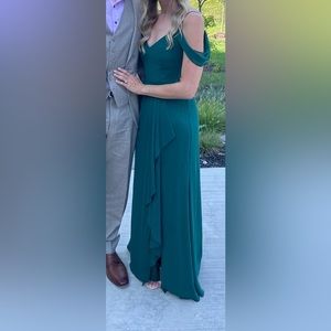 David’s Bridal Cascading Off The Shoulder Bridesmaid Dress, color Juniper